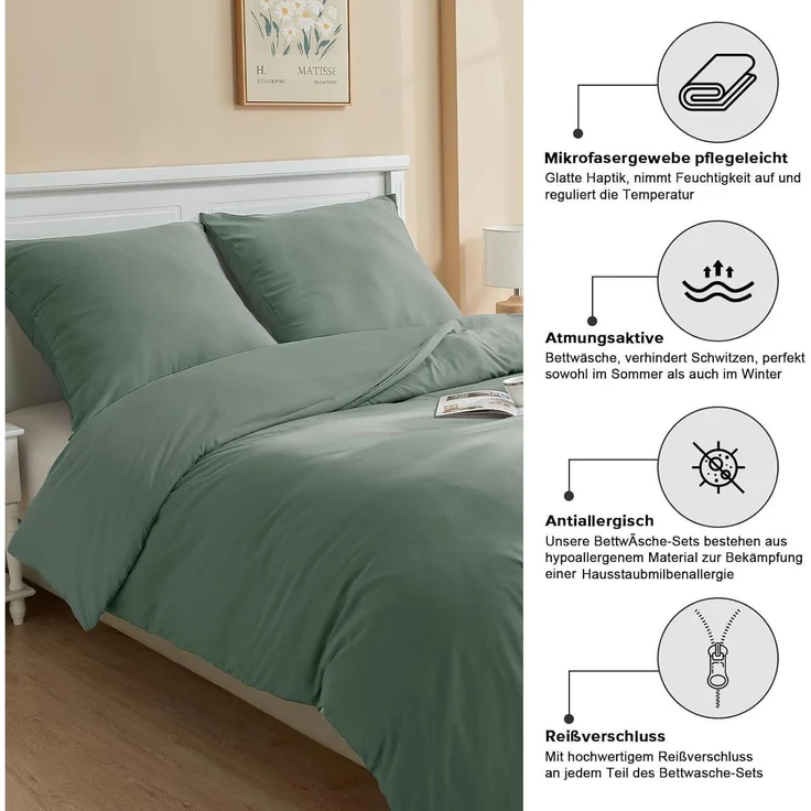 Bettwäsche-Set 155x220 cm Ganzjahres Salbei Grün Mikrofaser – Bild 5