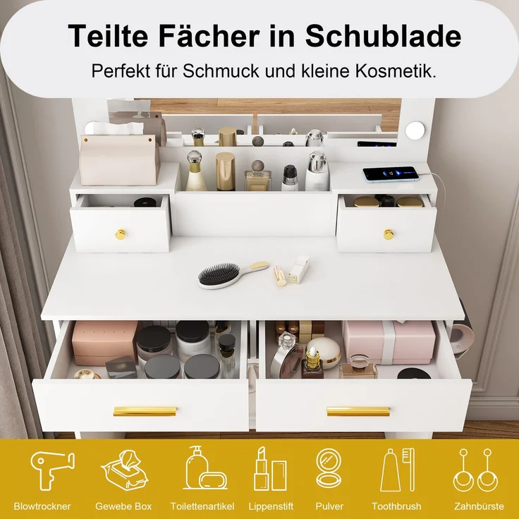 Schminktisch mit 3-stufiger LED-Beleuchtung, Steckdose & Haartrockner-Halterung – 4 Schubladen + Staufachkorb – Inkl. gepolstertem Hocker- Weiß, B80/H137/T40 cm.--Uraltes Weiß--137x40x80cm--YOUDENOVA – Bild 8