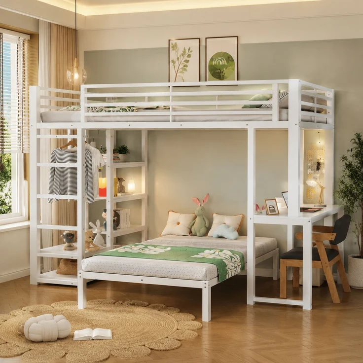 EINHOM Zwei Schlafplätze,Hochbett,Eisenrahmen,90 x 200 cm,Schreibtisch,Doppelsteckdose mit USB-und Type-C-Schnittstelle,4 mehreren Regalen,Kleideraufbewahrung,ohne Matratze,Weiß – Bild 3
