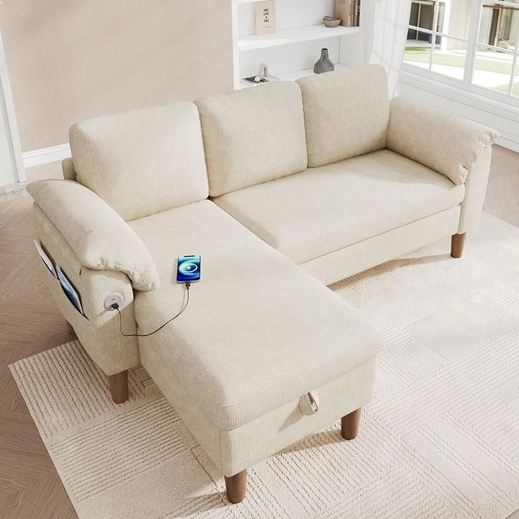 Merax L-förmiges Ecksofa, 3-Sitzer Sofa mit Stauraum-Chaiselongue, links/rechts montierbar, USB/Type-C-Ladeanschluss, Seitentasche, 2 halbfeste Armlehnenkissen, Chenille Stoff, Beige – Bild 3