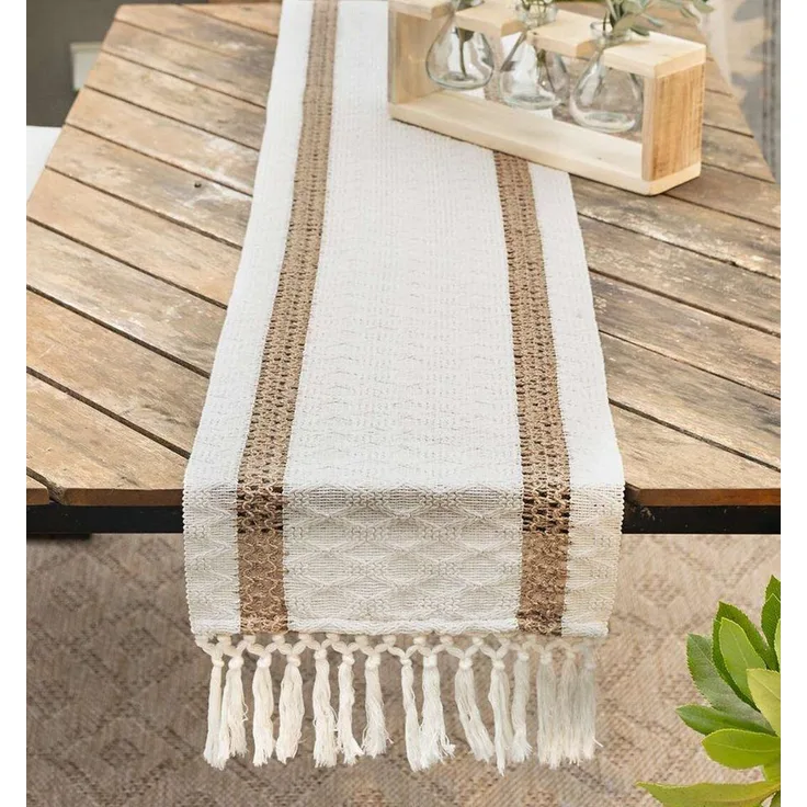 Dekoleidenschaft Tischläufer "Boho" beige, 30x140 cm, Tischband mit Fransen, Mitteldecke