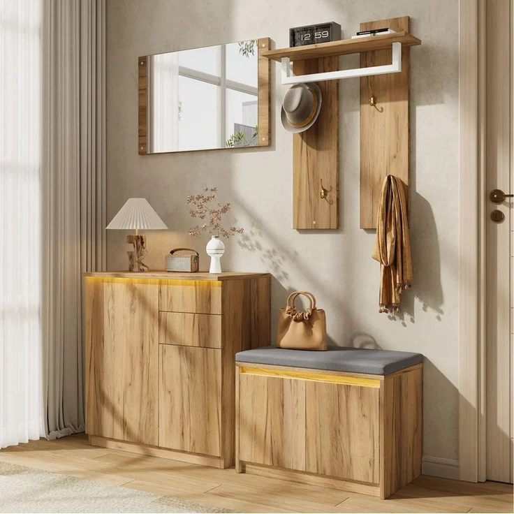 Merax Garderoben-Set Garderobenset, Flurgarderobe, (1-St, mit Spiegel, Schuhschrank, Schuhbank, Kleiderstange und 4 Haken), Garderoben Set mit LED, Flurmöbel – Bild 3