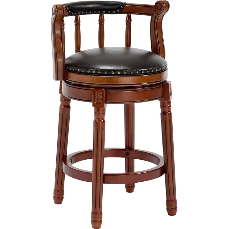 Barhocker aus Holz mit Kuhfellbezug, 360° drehbar, mit Rückenlehne, Barhocker in Tresenhöhe für Küche, Esszimmer und Bar – Schwarz – 54,8 x 54,8 x 96 cm – YOUDENOVA – Bild 8