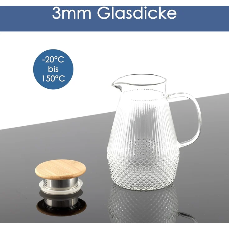 Hanseküche Wasserkaraffe Glaskaraffe, (Glas-Wasserkaraffe mit Deckel, 1-tlg, Tropffreie Ausgießer - Robuste Teekanne), mit 50% erhöhter Glasdicke für Heiß- & Kaltgetränke – Bild 4