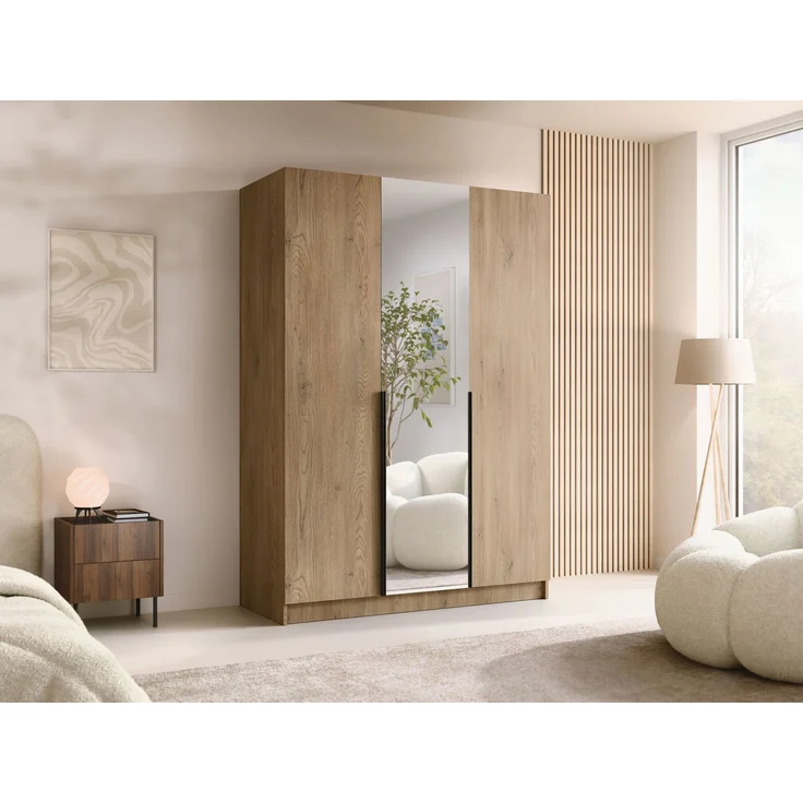 Drehtürenschrank Cikzori II, Kleiderschrank mit 3 Türen, Frontspiegel (Farbe: Eiche Cremona / Eiche Cremona + Schwarz) – Bild 2