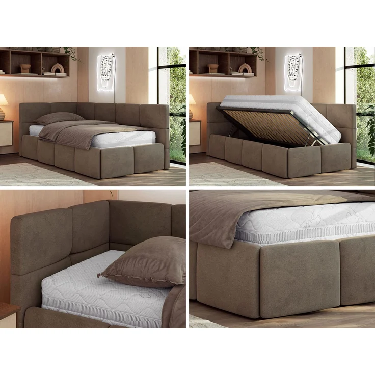 Jugendbett 90x200 ARVO Polsterbett mit Bettkasten, Stauraum & Gasdruckfeder, Modernes Design mit Kopfteil, Foam Matratze - Braun Velvet - MIRO LUX - Links Seite – Bild 2