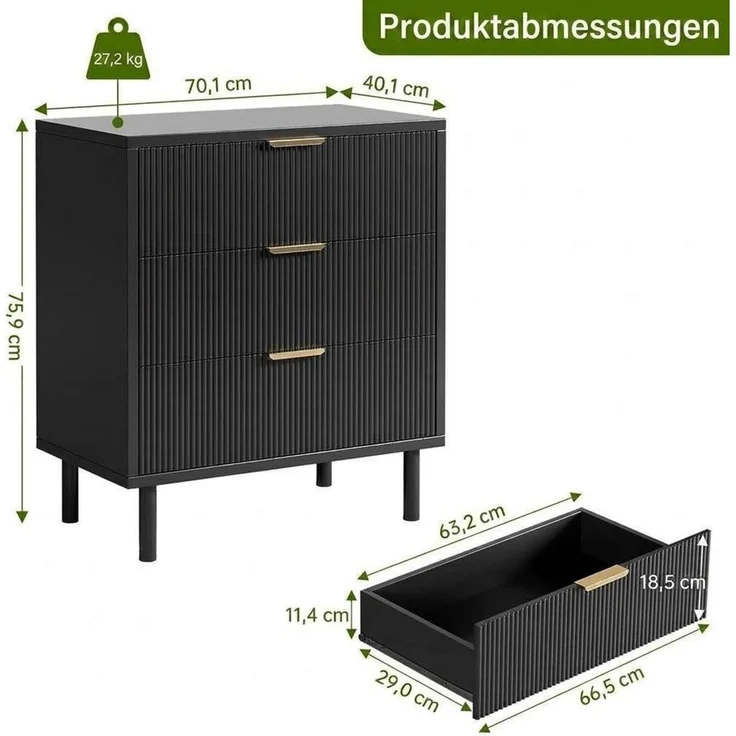 GarveeMore Kommode Kommode mit 3 Schubladen Sideboard Schubladenschrank 70x40x76cm – Bild 2