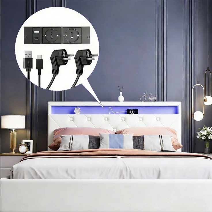 oyajia Polsterbett Doppelbett mit Steckdosen & LED Beleuchtung,Hydraulischem Stauraum (Funktionbett mit Hydraulikstange,Tragfähigkeit: 365kg, Strapazierfähig,Metallrahmen), Bettgestell mit Lattenrost,Leinenmaterial Polsterbett, ohne matratze – Bild 3