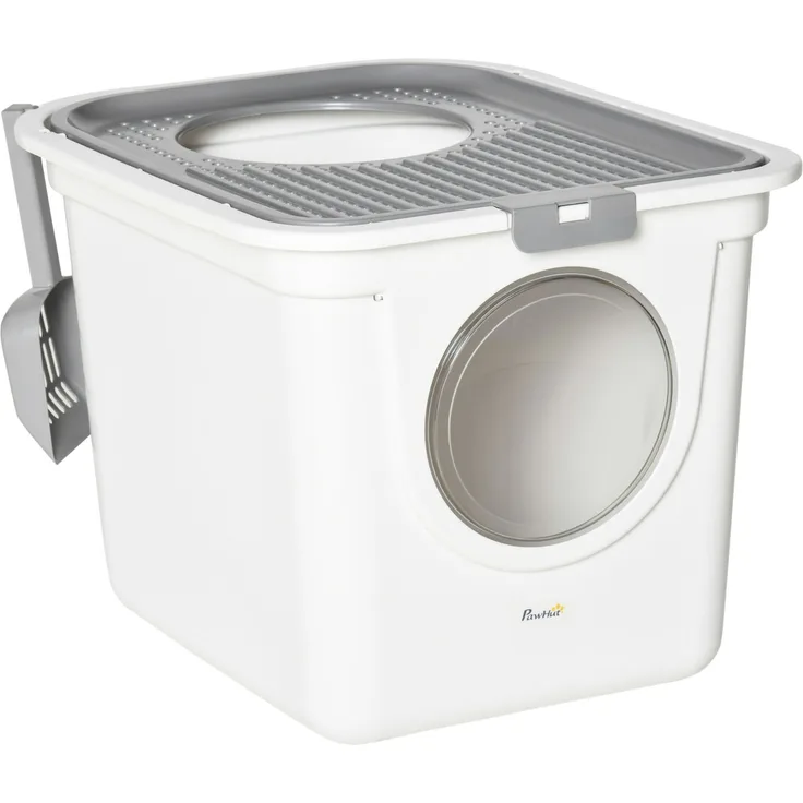 Katzentoilette 44 x 55 x 39 cm mit Deckel, oberem Ausgang und Schaufel – Weiß