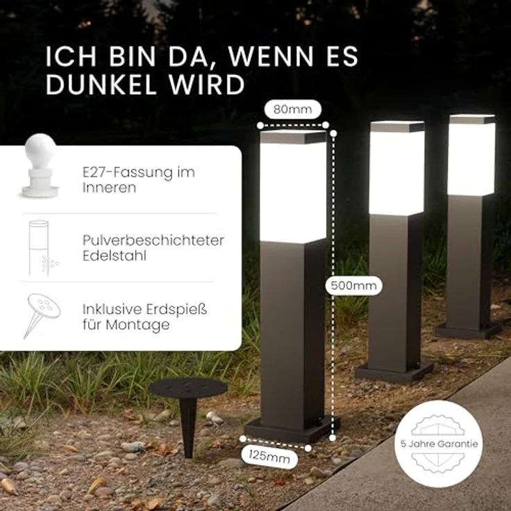 MATO Weglampe Außen mit Erdspieß - E27 Fassung, Höhe 50 cm - Outdoor Pollerleuchte aus Edelstahl IP44 - Wegleuchte, Sockelleuchte, Standleuchte, Gehwegleuchten Außen, Wegbeleuchtung – Bild 3