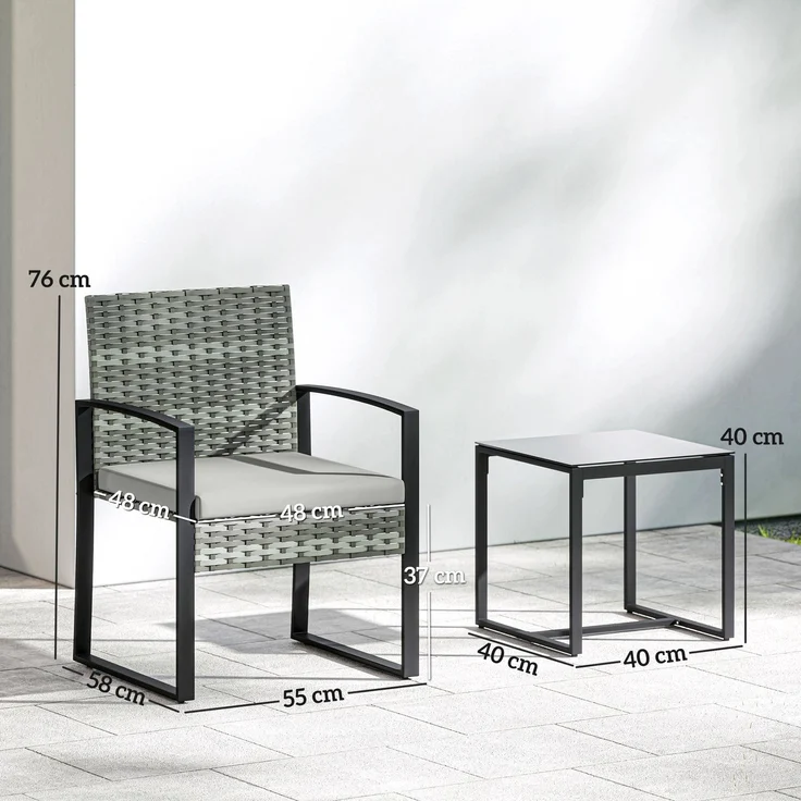 MELAYR, Rattan Bistroset, 3 teiliges Gartenmöbel-Set mit 2 Gartenstühlen, Couchtisch, 58 x 55 x 76 cm, Hellgrau – Bild 5