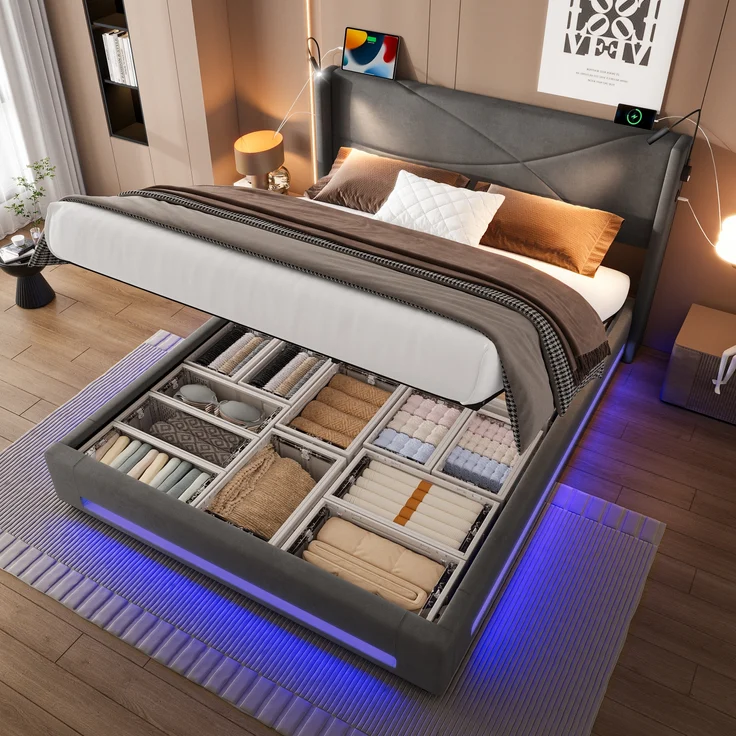 LVHOM Boxbett 160x200cm, Bettgestell mit integrierter Beleuchtung & Stauraum, USB/Typ-C-Ports, XXL-Hydraulik-Storage, platzsparend & Smart-Home-Anschlüssen – Bild 1
