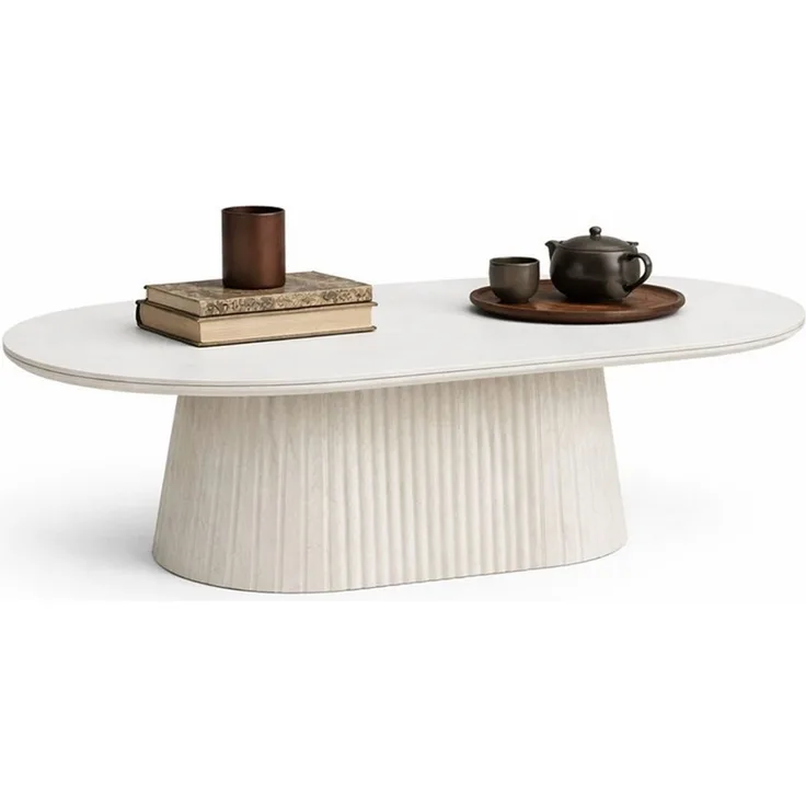 HOOZ Wohnzimmertisch Couchtisch oval modern, Säulenfuß inkl. Keramikplatte 130x70 cm Kalk (Einzelprodukt, 1× Couchtisch), Keramik-Tischplatte, verschiedene Varianten, pflegeleicht & stabil