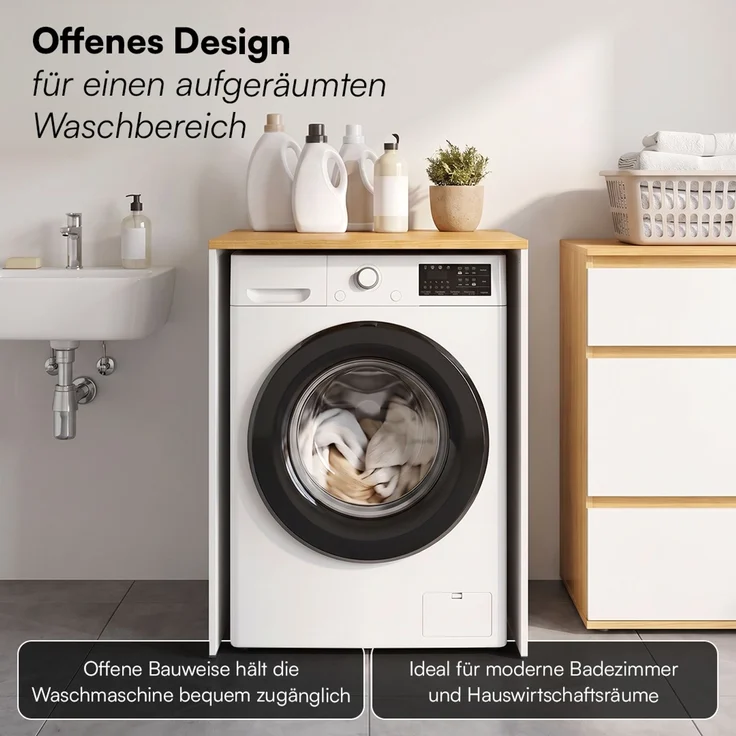 Bellamio 'Vist' Waschmaschine/Trockner Schrank mit Ablage, Weiß/Eichenoptik, Waschmaschinenschrank mit Wandanschluss für Standardgeräte, Badschrank für Hauswirtschaftsraum – Bild 7