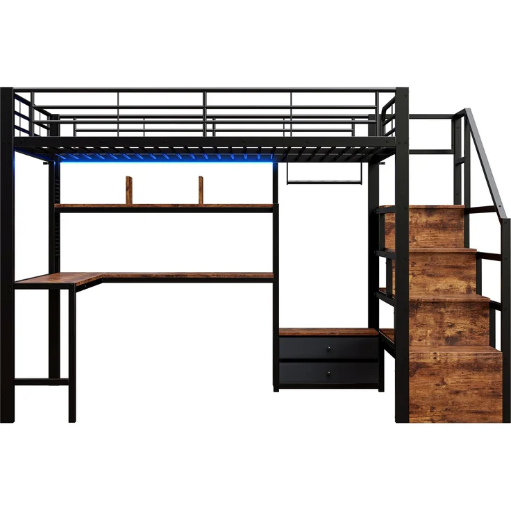 Merax Hochbett, Kinderbett 140 x 200 cm, Jugendbett mit 2 Schubladen, mit LED-Lichtleiste, Schreibtisch, Ohne Matratze, Schwarz – Bild 9