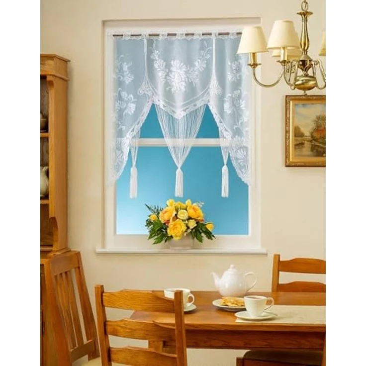 heimtexland Scheibengardine Raffiniertes Fensterbild M-Bogen Jacquard Gardine (1 St), Stangendurchzug, transparent, Jacquard, Fensterdekoration Fadengardine mit gebogter Blumen Bordüre – Bild 3