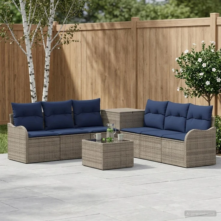 vidaXL Sofa Set 8 stk. Grau und Marineblau Polyrattan und Stahl 3448061 – Bild 1