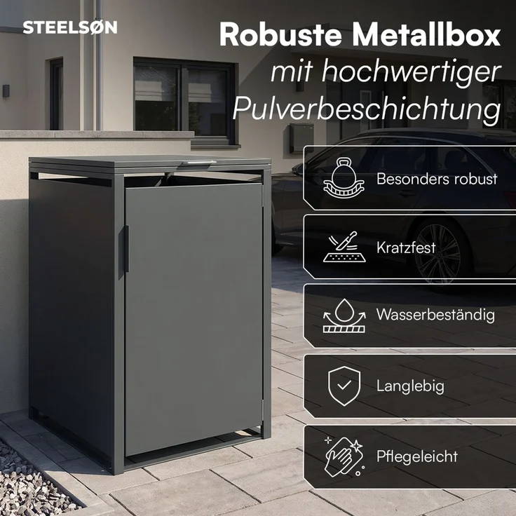 STEELSØN 'Thoria' Mülltonnenbox 1er je 240 Liter, anthrazit, Mülltonnenverkleidung aus Stahl, wetterfest, 116x80x69 cm, Müllbox für 1 Tonne – Bild 3