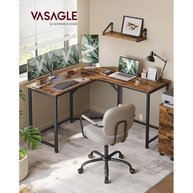VASAGLE Eckschreibtisch, L-förmiger Computertisch, 129 x 129 x 76 cm, platzsparender Bürotisch, Homeoffice, Gaming, vintagebraun-tintenschwarz LWD124K01 – Bild 2