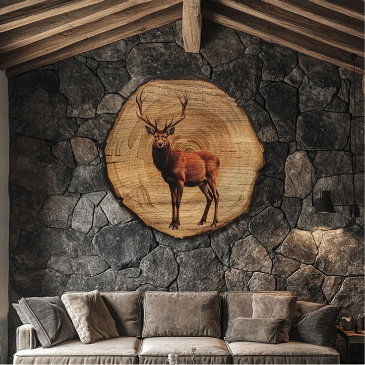 DARO Design Wandbild Tiere Holzoptik Wandbilder Wand Deko Bilder Vintage, (Hirsch - Bild klein Wohnzimmer Flur Schlafzimmer Diele Arbeitszimmer Einteilig Rund Fotodruck Baumscheiben-Tiere), 20x20 cm – Bild 2