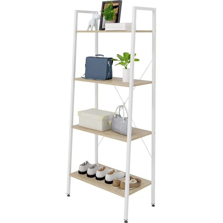 eSituro Bücherregal Leiterregal 4 Ablagen Standregal Aufbewahrung Küchenregal Badregal 60 x 35 x 148CM Weiß+hell Eiche SSTR0039