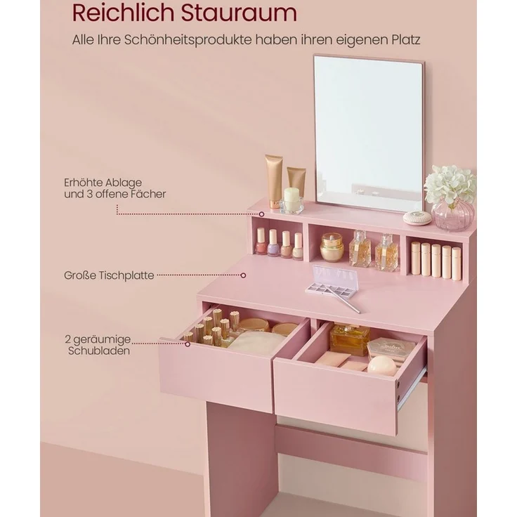 Vasagle Schminktisch mit großem Spiegel, 2 Schubladen & 3 offene Fächer, Holz, Pastellrosa, 40 x 60 x 127 cm – Bild 3