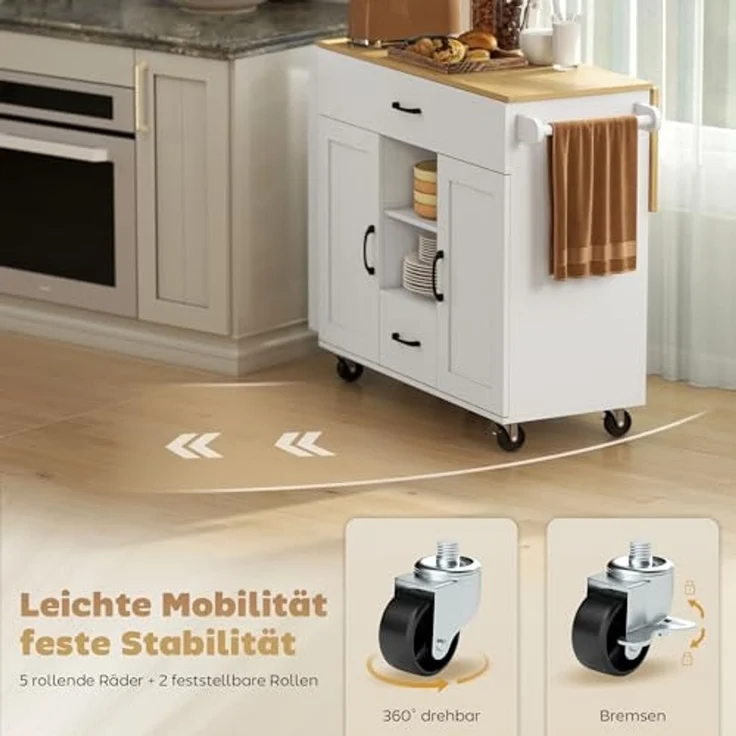 HOMCOM Servierwagen Küchenwagen, (Küchenrollwagen, 1 St, Küchenwagen auf Rollen), mit Rollen, Handtuchstange, Weiß – Bild 6
