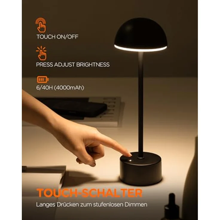 TOMONS LP01011, Schwarze LED Schreibtischlampe mit Touch-Steuerung, einstellbarer Helligkeit und Farbtemperatur, 4000mAh Akku, für Schlafzimmer, Wohnzimmer, Restaurant, Studie, Terrasse – Bild 5