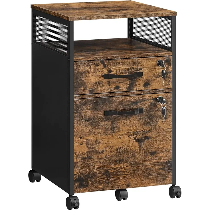 Vasagle Rollcontainer abschließbar mit Schubladen, Holzspan, Stahlgestell, Vintagebraun-Schwarz, 44 x 42 x 69 cm