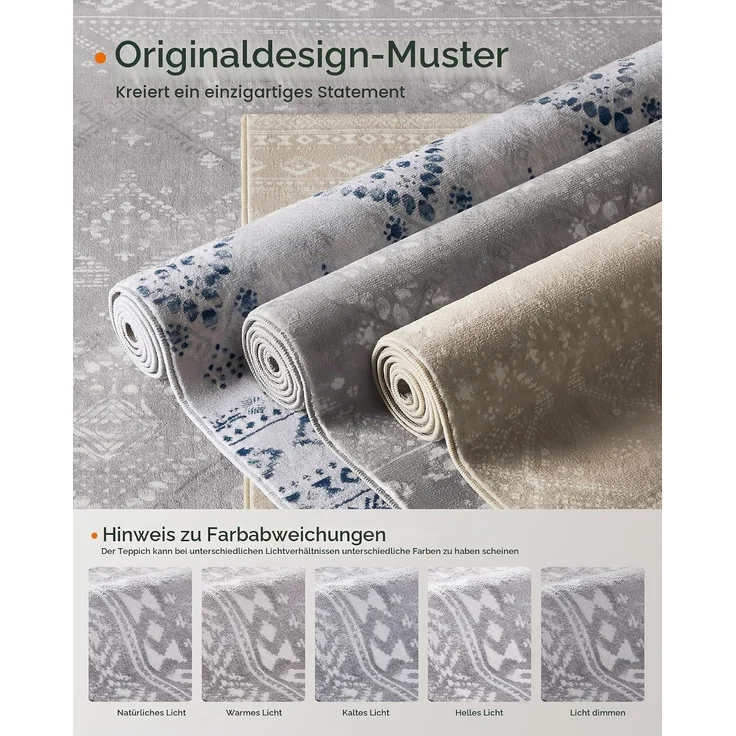 Songmics HOME Teppich, 80x150 cm, Wohnzimmerteppich, Rutschfester Teppich, Kurzflor, flauschig, Dekoration, für Wohnzimmer, Schlafzimmer, maschinenwaschbar, Boho-Stil, Taubengrau – Bild 7