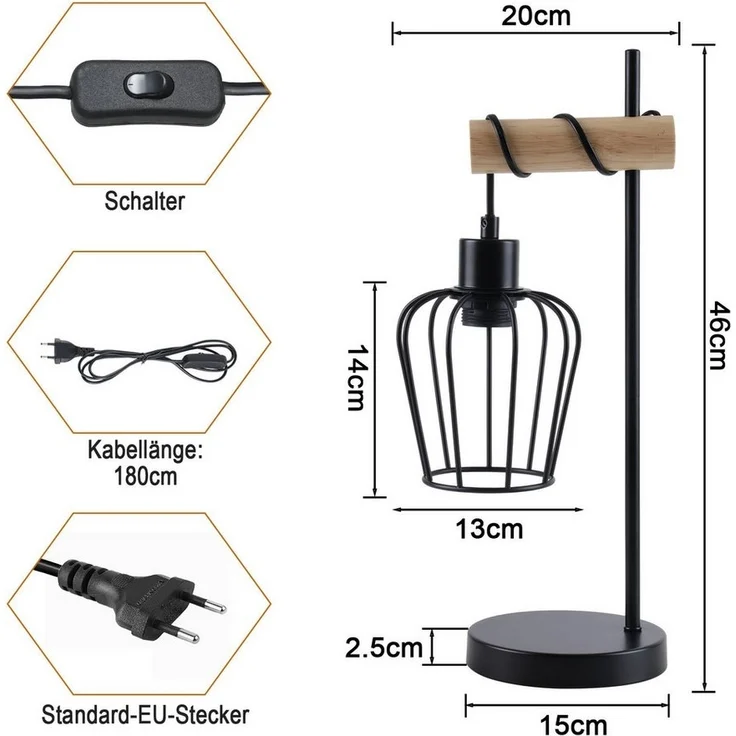 Nettlife Tischleuchte Holz Vintage E27 Tischlampe Wohnzimmer Nachttischlampe Schwarz, LED wechselbar, Geeignet für Schlafzimmer, Wohnzimmer, Esszimmer, Arbeitszimmer, Büro – Bild 2