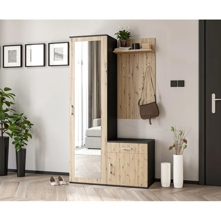 AX LIVING Garderobe mit Spiegel Magnola – 100cm breit Schwarz & Artisan – Bild 1