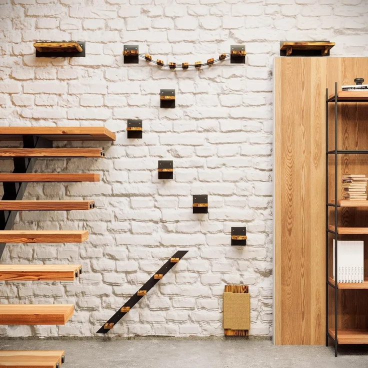 QLS Katzen-Kletterwand LOFT Wandmontage, Set Aus Metall pulverbeschichtet und Holz Geflammt 10 Teilig – Bild 3