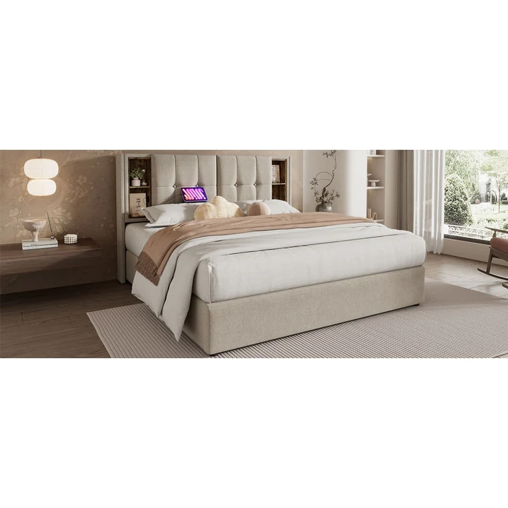 TavilaEcon Polsterbett Doppelbett mit Kabellosem Laden USB C und Stauraum beige Liegefläche 180 × 200 cm – Bild 7