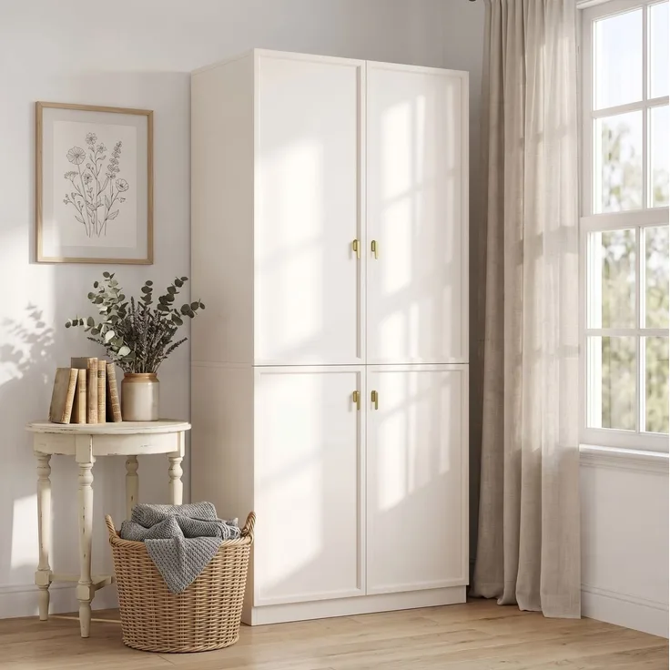 Kleiderschrank mit Kleiderstange & ausziehbarem Hosenhalter, 90x48x200 cm, Weiß