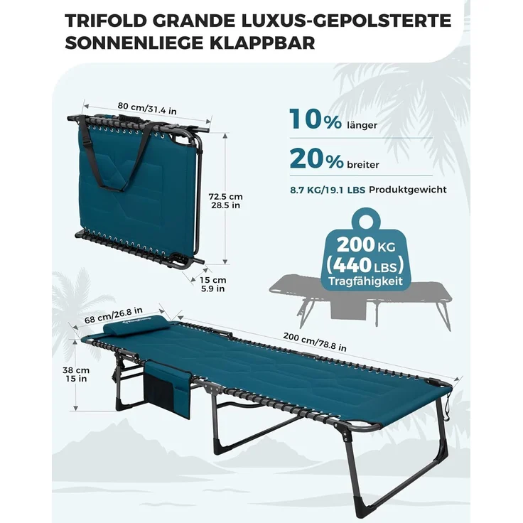 KingCamp Übergroße Sonnenliege Klappbar 5-Fach Verstellbar Gartenliege Liegestuhl Dreibeinliege Liege Campingliege mit Kopfkissen und Seitentasche bis 150 kg für Garten Urlaub Strand Pool 200x68 cm – Bild 2