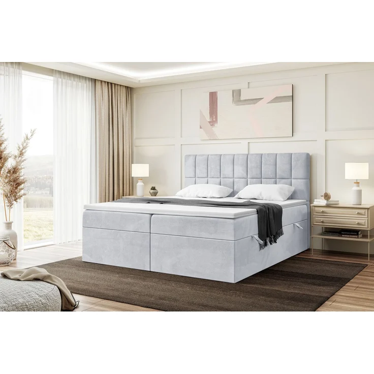 MEBLINI Boxspringbett LUKAS 200x200cm - H4/Hellgrau Samt - mit Bettkasten - Polsterbett - Doppelbett mit Topper & Taschenfederkern-Matratze – Bild 1