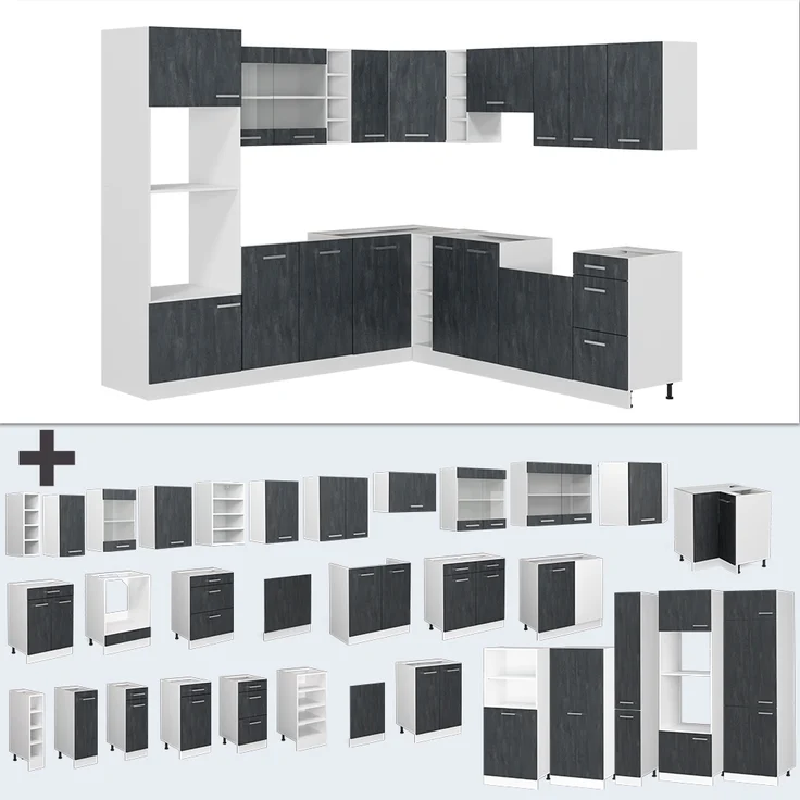 Eckküche R-Line Schwarz Beton/Weiß 247 x 60 cm AP Marmor Vicco – Bild 4