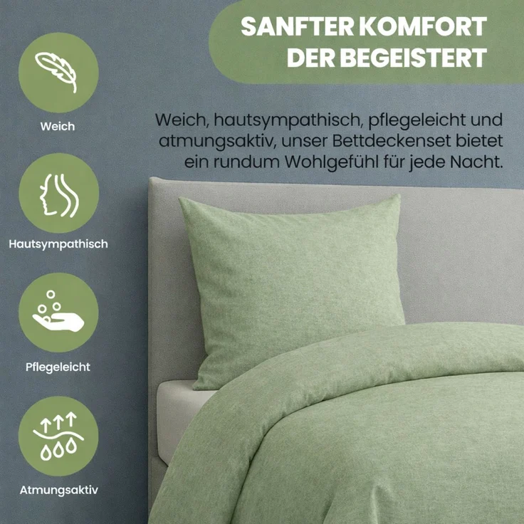 Julido Jersey Bettwäsche 155x220 80x80 Baumwolle Set Druckknopf weich Grün Melange – Bild 7