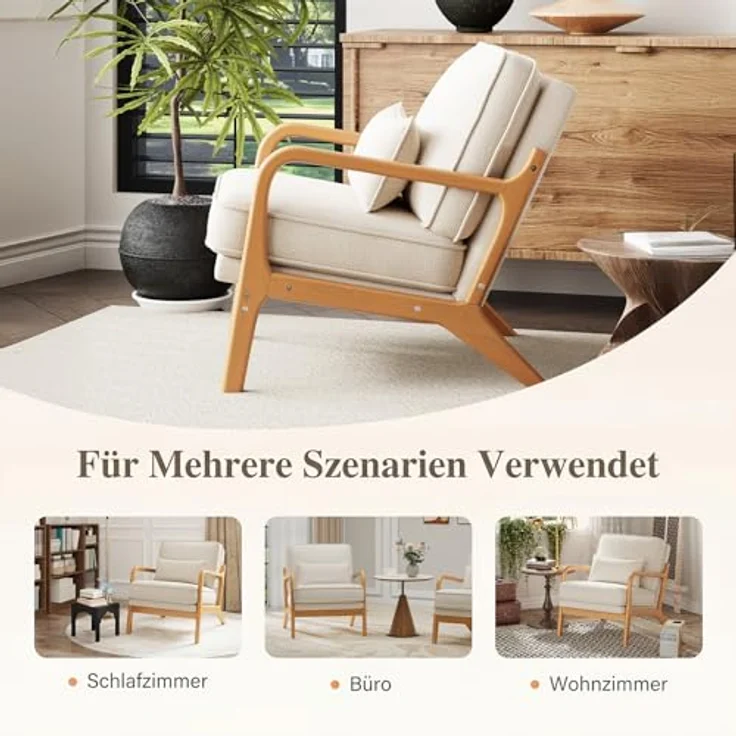 COLAMY Sessel Wohnzimmer Mid-Century Modern 2er Set, Loungesessel mit Lendenkissen, Massivholzrahmen & weichem Polster, bequemer Lesesessel für Wohnzimmer und Schlafzimmer, Beige – Bild 6