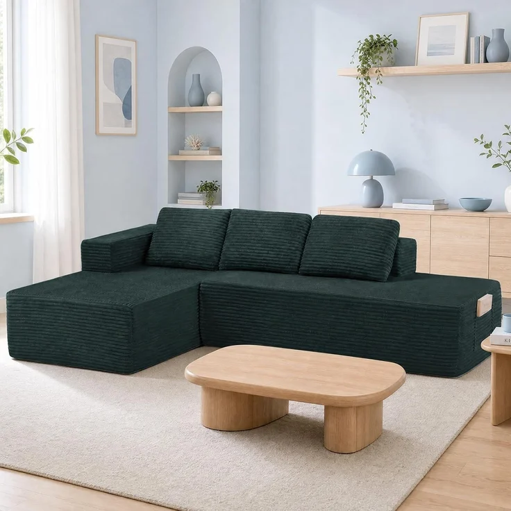 COMHOMA Ecksofa mit Schlaffunktion, 255cm Corduroy Modulares Boneless Couch mit Chaiselongue & Rücken-Metallgestell, L-Form Schlafsofa mit offenem Design, Kissen & Seitentaschen,für Wohnzimmer, Grün-R – Bild 6