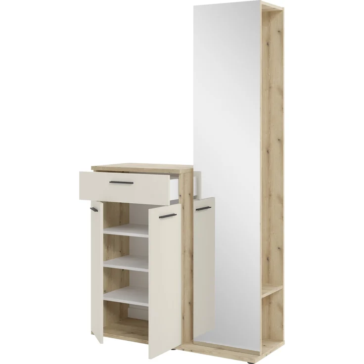 Kompaktgarderobe >Malaga< Türen, 1 Schub, Spiegel, Eiche Dekor / Cashmere - 105x188x38cm (BxHxT) – Bild 2