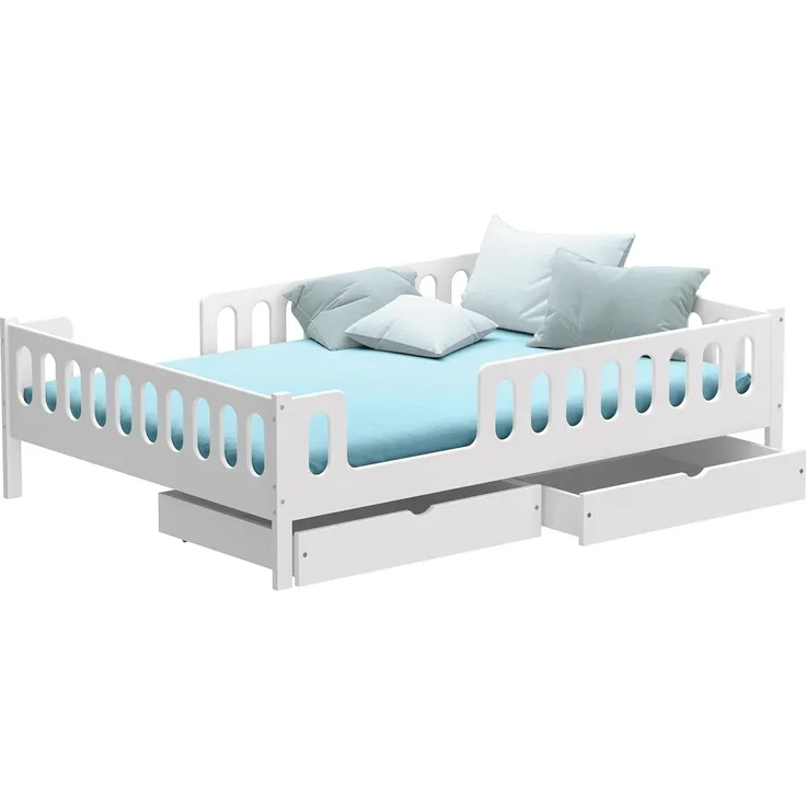 CADANI LARS 2in1 Kinderbett Jugendbett 140x200 cm Weiß, Zwei Schubladen, Rausfallschutz abnehmbar, Zum Juniorbett umbaubar
