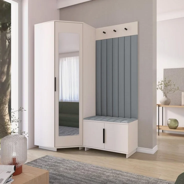 Garderoben-Set Napoli Version 21: Eckschrank mit Polsterpaneelen, Schuhschrank Flur und Eingangsbereich (Cashmere/Trinity 14), 189 x 70 x 140 cm – Bild 7