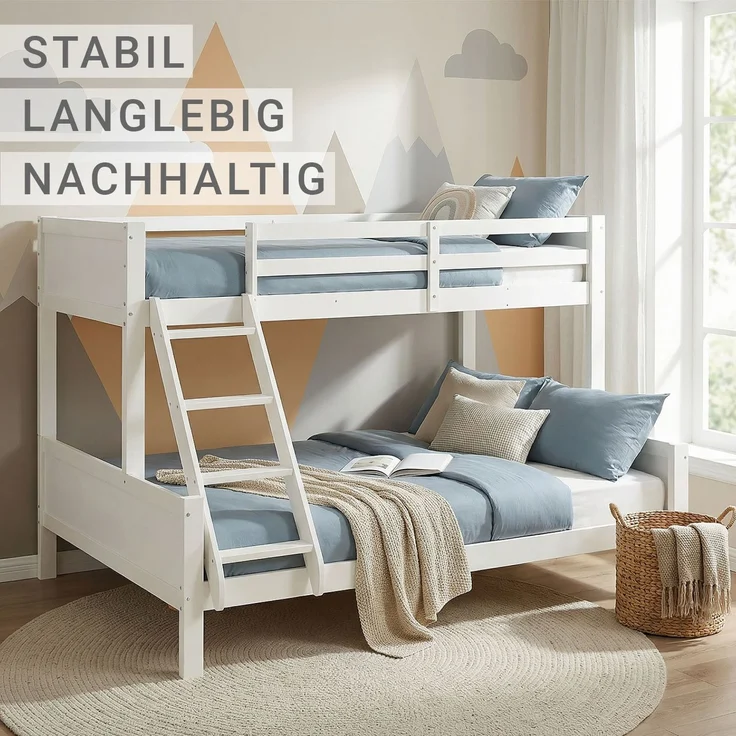 Homestyle4u Kinderbett Etagenbett 90x200 und 140x200 Jugendbett Hochbett Weiß, lackiert, massives Kiefernholz – Bild 6