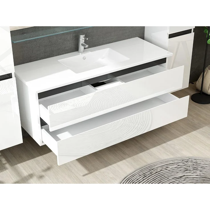 Homeline Badmöbel Set Hochglanz mit Schubladen Glas ablage (Dennis Weiss, 120 cm Einzelbecken ohne Hochschrank) – Bild 4