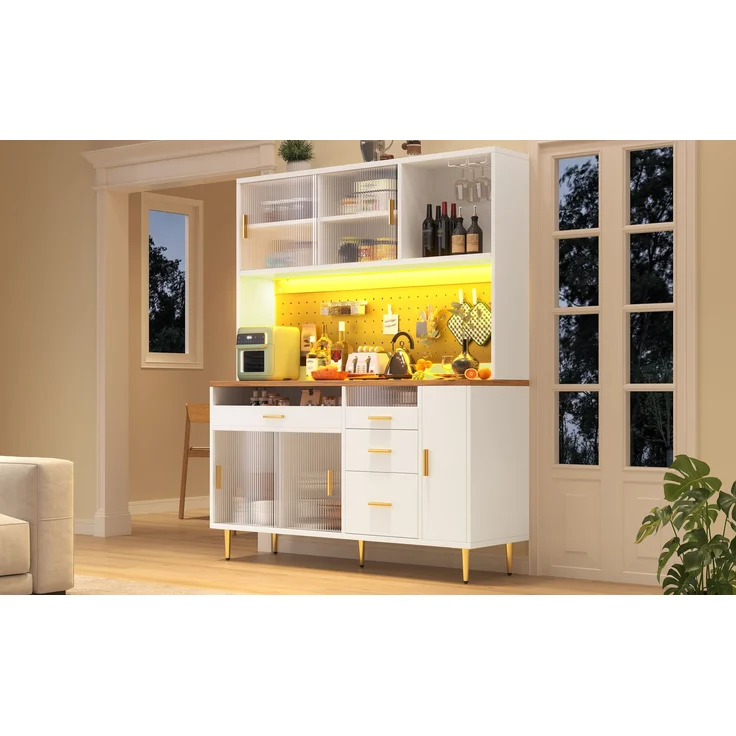 EINHOM Hochschränke fürs Wohnzimmer(145 x 39 x 171 cm), Küchenschrank, Esszimmerschrank, Schränke mit LED-Beleuchtung, Hoher Schrank mit Lochwandregalen, Weiß – Bild 5