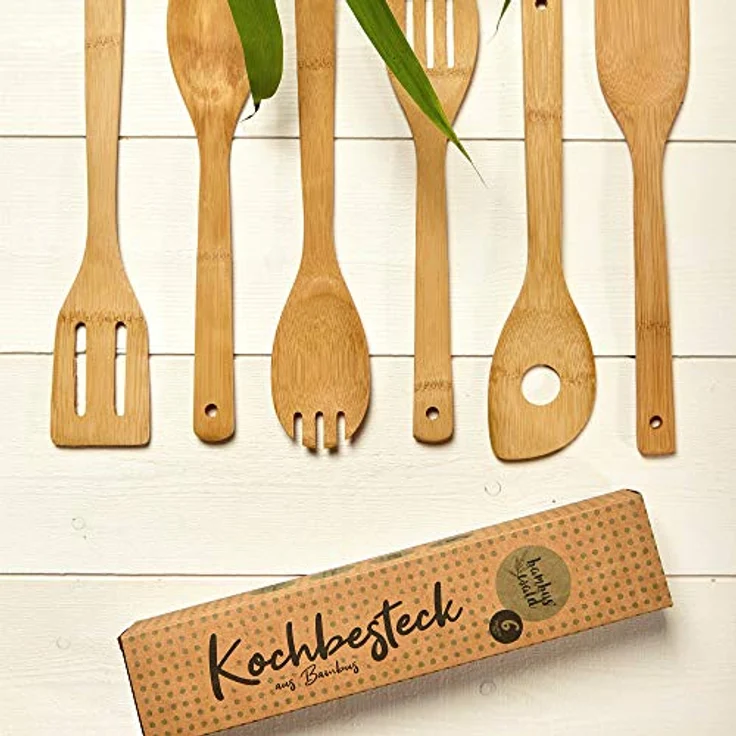 Küchenzubehör Kochlöffel und Pfannenheber 6er-Set nachhaltig Bambus Natur – Bild 2