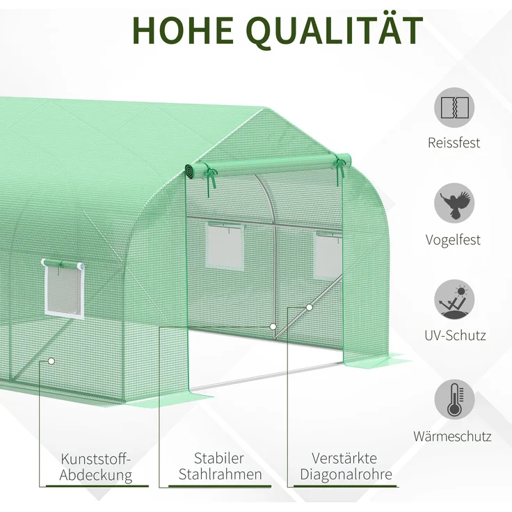 MELAYR, Gewächshaus 3.5 x 3 x 2 m Foliengewächshaus mit Rollbar Reißverschlusstür 6 Netzfenster Stützstangen, Dunkelgrün – Bild 6