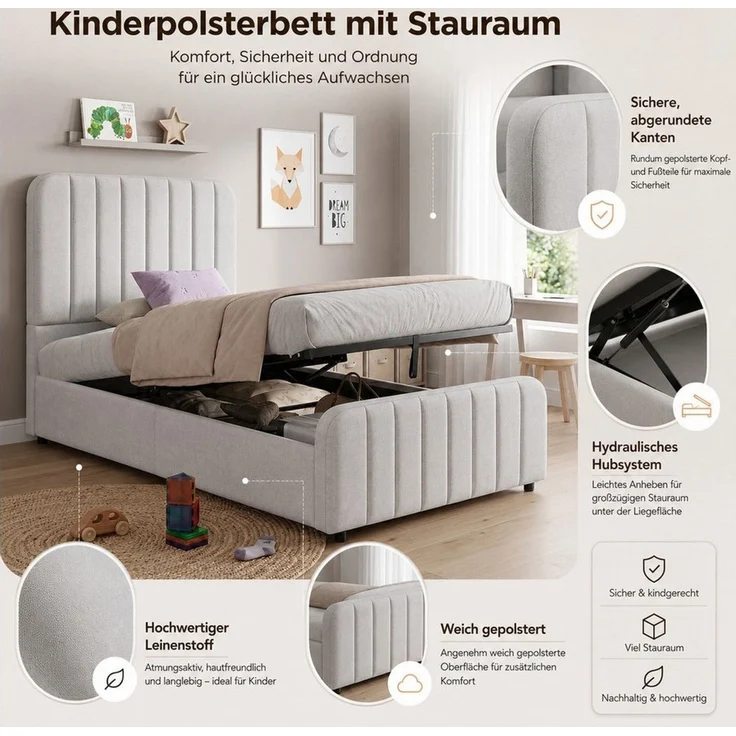 Celya Polsterbett Einzelbett, Kinderbett 90x200 cm, hydraulisches Funktionsbett (ohne Matratze, Bett mit Lattenrost, Kopfteil und großem Stauraum), Geeignet für Schlafzimmer, Jugendzimmer, Kinderzimmer – Bild 3